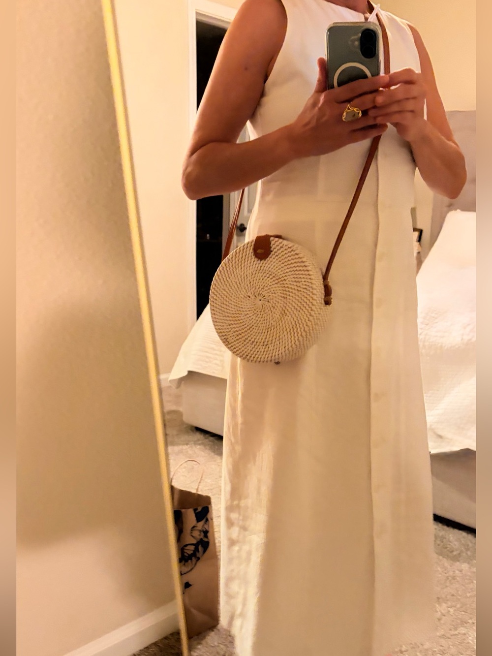 Bali 8” diameter Cream Woven Round Mini Bag with Brown leather Strap - Picture 8 of 9
